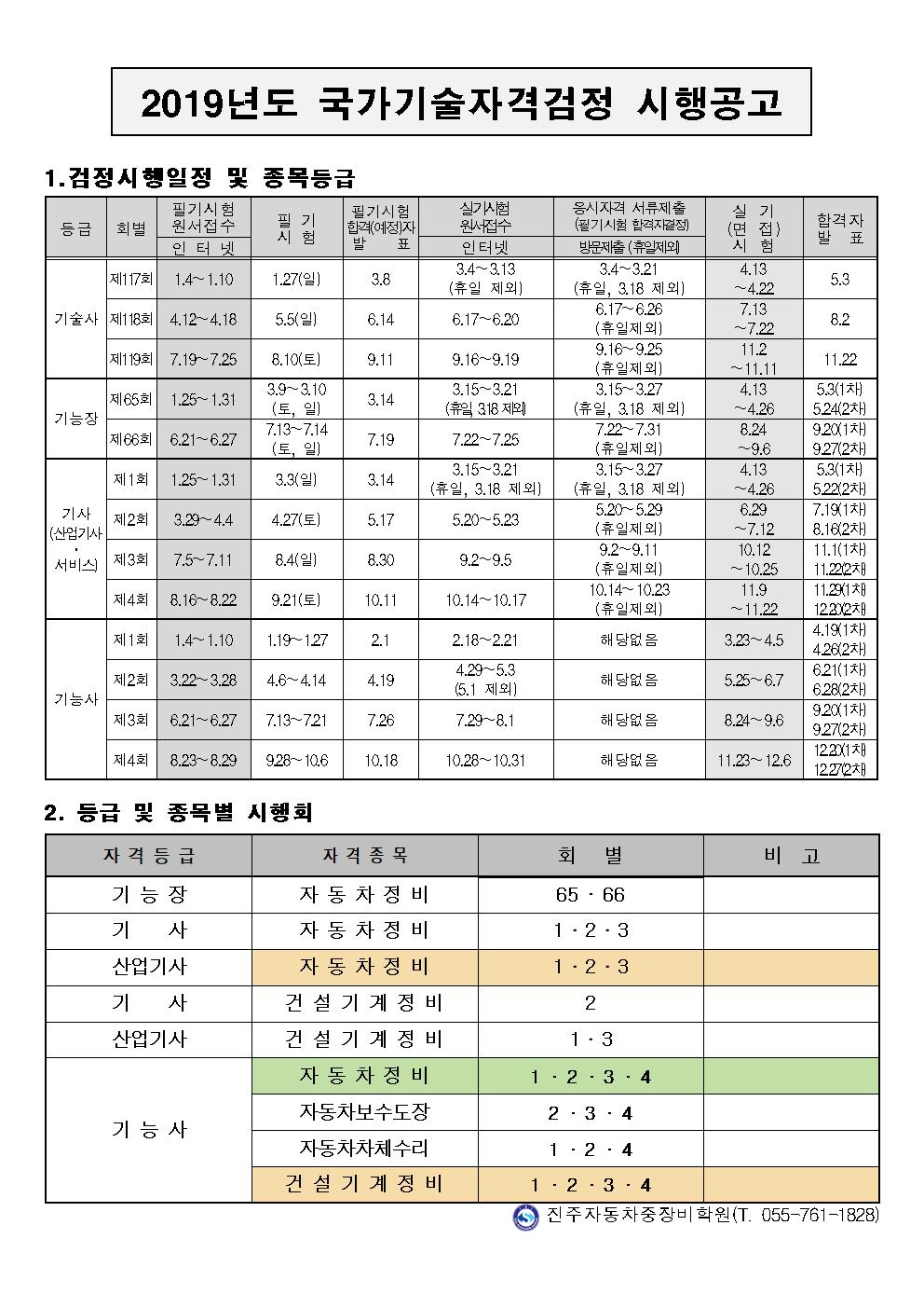2019년도 국가기술자격시험일정표(자동차정비,건설기계정비)