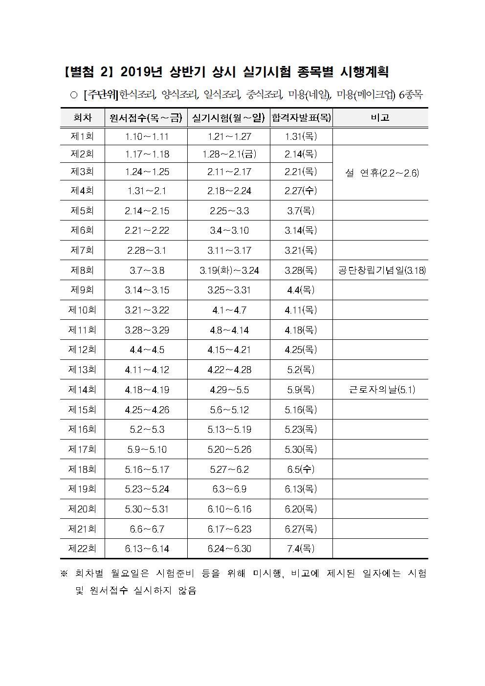 2019년도 상반기 지게차, 굴삭기 상시시험 일정표